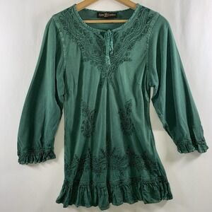 Womens Embroidered Peasant Tunic Top S/M Green Boho Festival Hippie India
